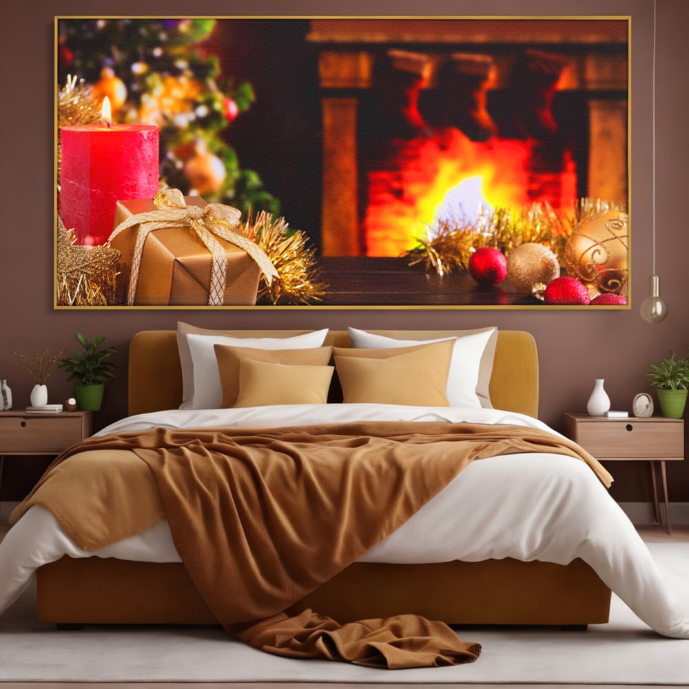 Tablou canvas cu tablou canvas cu peisaj de craciun, in rama de aluminiu auriu, pe perete intr-un dormitor